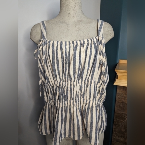 Linen peplum top, Woman's XXL cream with blue stripes - Picture 6 of 12